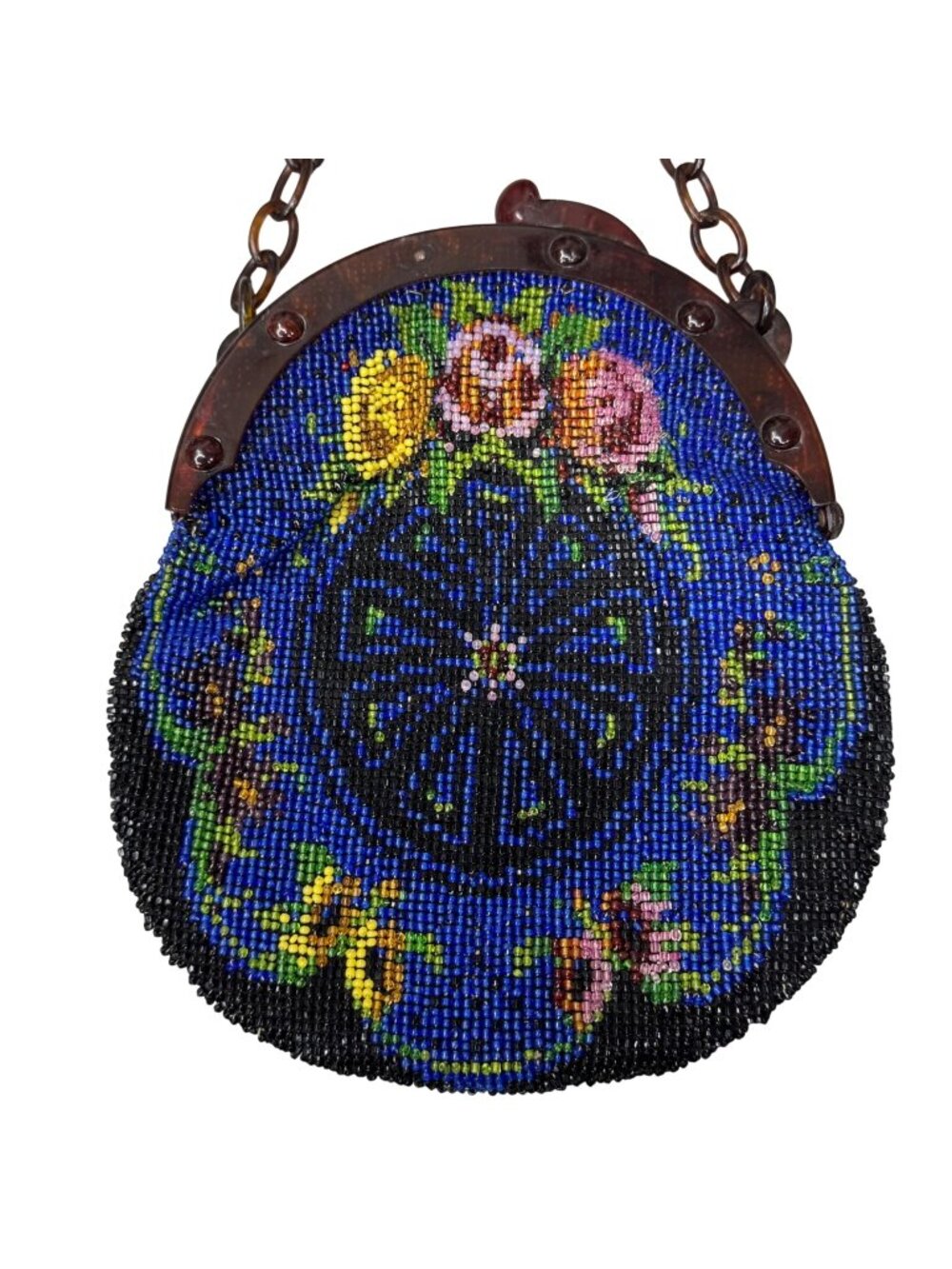 Vtg Hand Beaded Glass Seed Bead Floral Coin Purse Chain Handle Blue Yellow READ